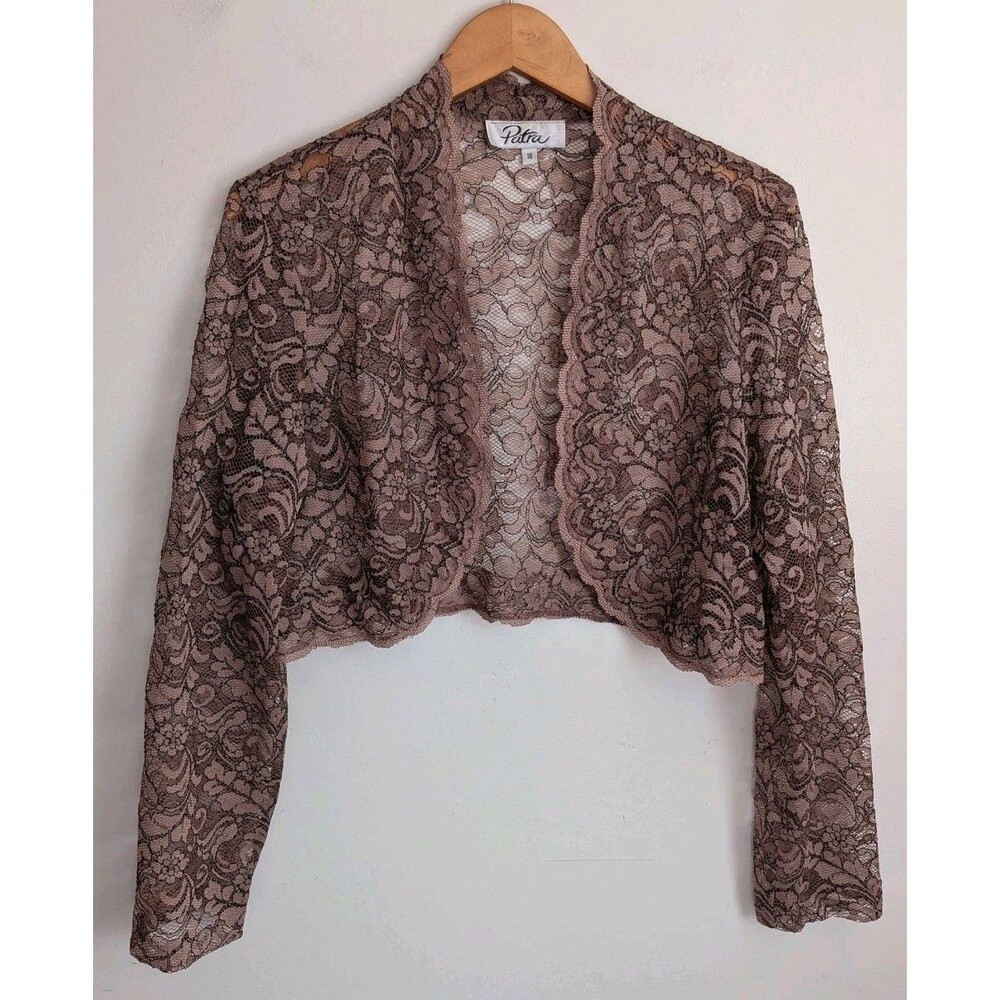 Vtg Dressy Sheer Lace Bolero Jacket Shrug Taupe Beige Brown Formal Tagged Sz 18